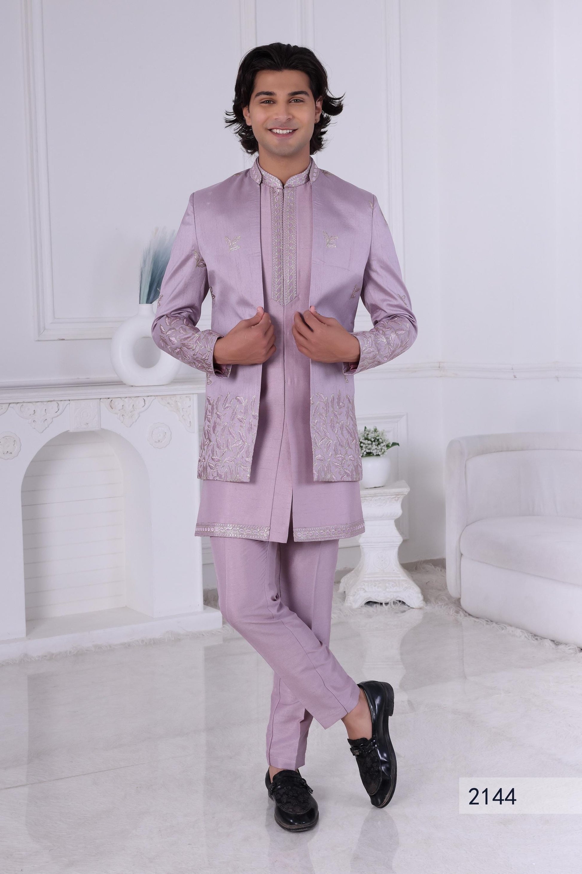 Embroidered Indo-Western Suit: Light Purple Raw Silk Sangeet Outfit Laroyal