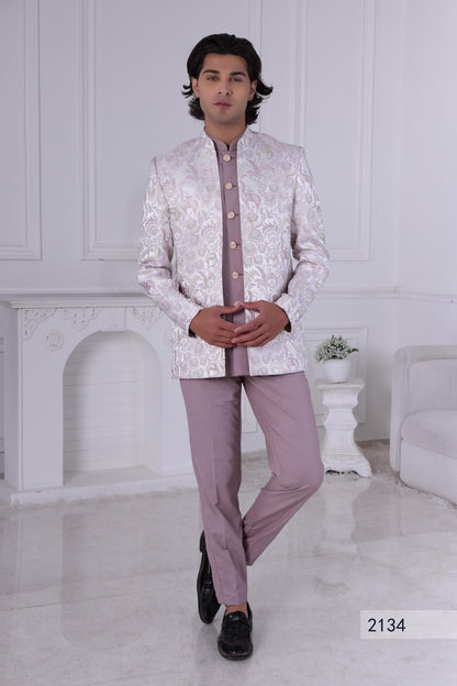 Lilac Jodhpuri Suit: Woven Jacquard Sherwani, Indian Groom Wedding Outfit